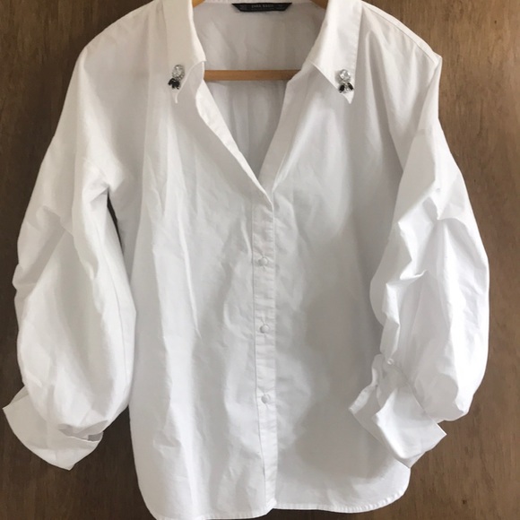 Zara Tops - Zara White Puff Long Sleeve V Neck Blouse Shirt SM